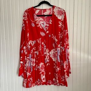 Free People Red Bella Floral Tunic Top Size M